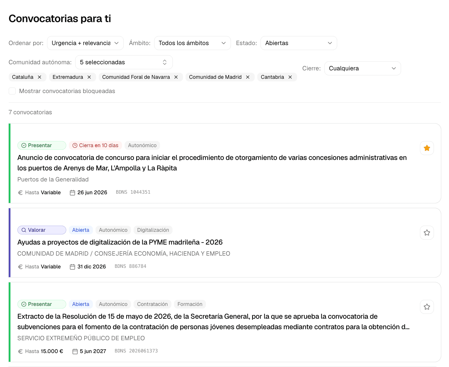 Feed de convocatorias de Subelio con el veredicto para una empresa